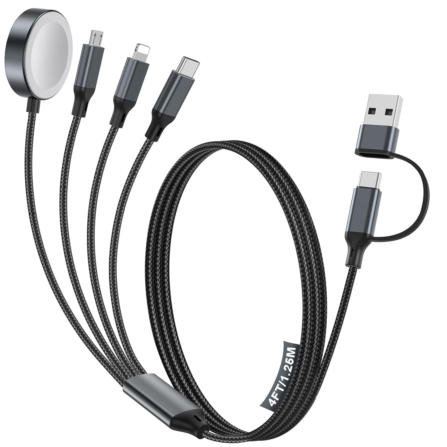 4-in-2 Charging Cable for Apple Watch Charger/Samsung/iPhone Charger,Car/Travel Essentials,Type C Cable Multi Cord for iWatch Ultra/10-2/iPhone 16-11/Samsung S25-S20,PlayStation 4,iPad,airPods-Black