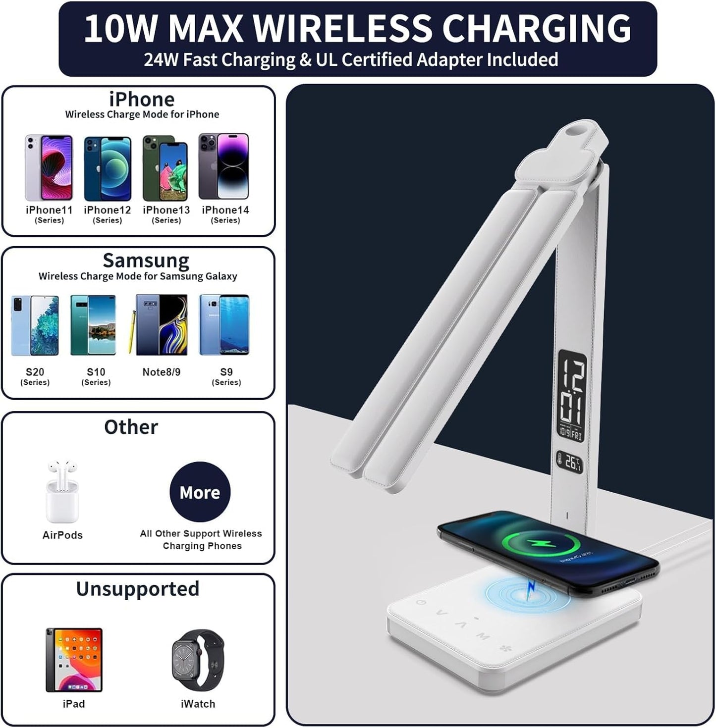 LED Desk Lamp with Charger, USB Charging Port, Dual Swing Arm Desk Light with 5 Brightness, 3 Colors, Table Lamp with Clock, Alarm, Date, Temperature, Desk Lamp for Home Office Study (White)