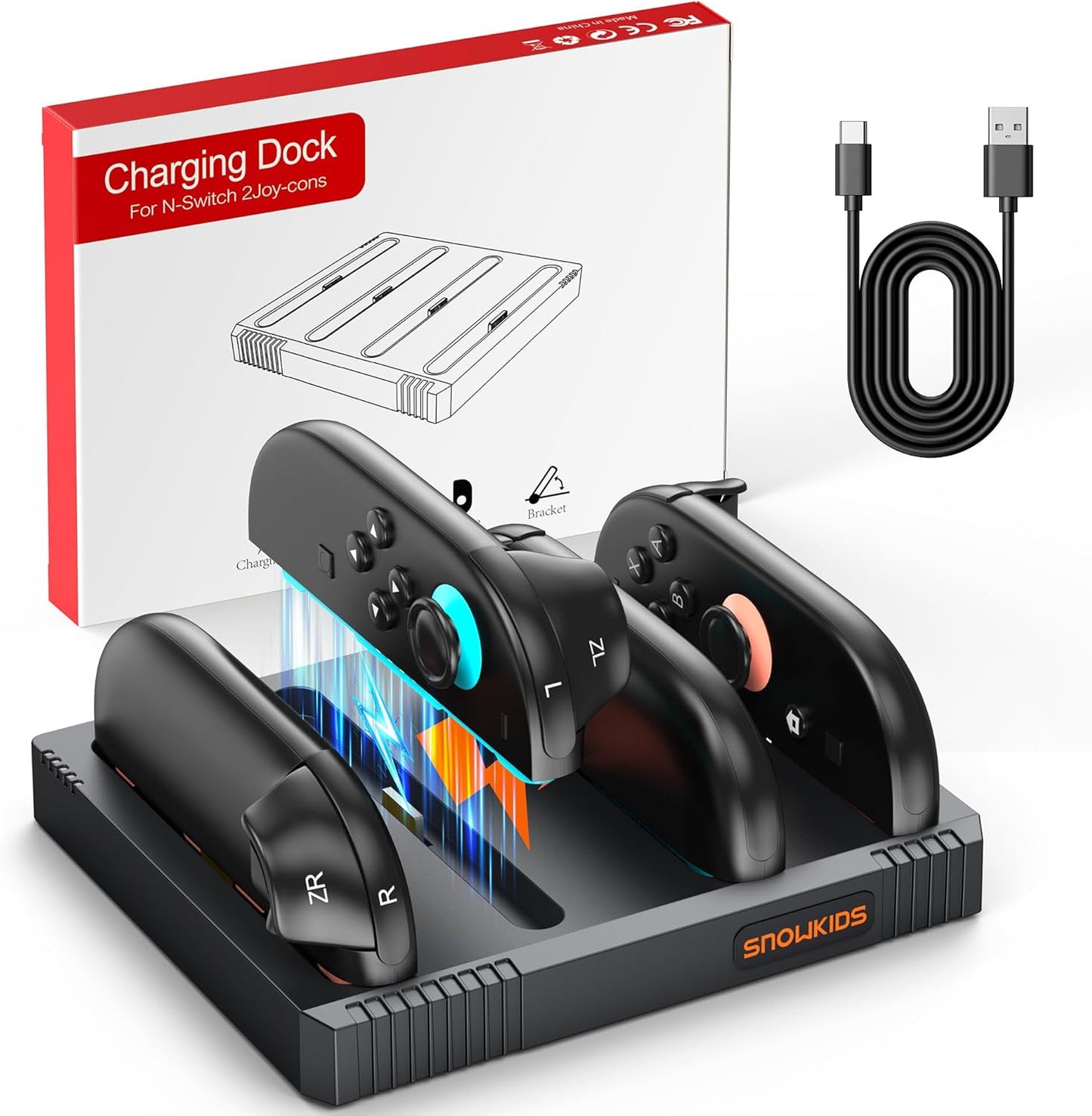Snowkids Charging Dock Compatible for Nintendo Switch 2 Joy-Con Controllers - Simultaneous Fast Charger Station, Magnetic, Reversible Connection, Overcharge Protection & LED Indicators