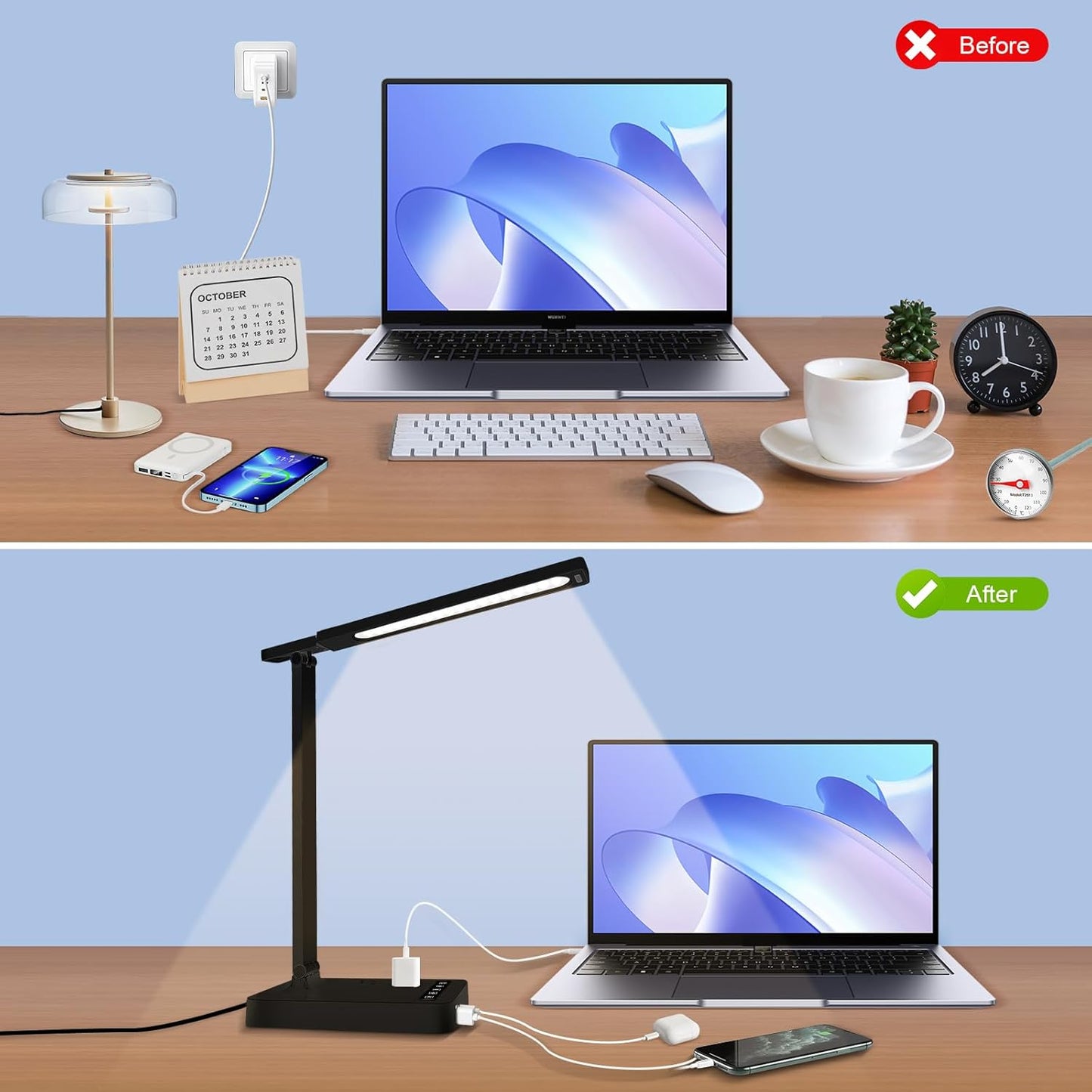 Desk Lamp with 4-Port Charging Station (2 AC Outlets, USB-C, USB-A), 5 Color Modes & Adjustable Brightness, Flexible Gooseneck Arm, Eye-Protecting LED Light Source, Ideal for Home Offices & Bedrooms