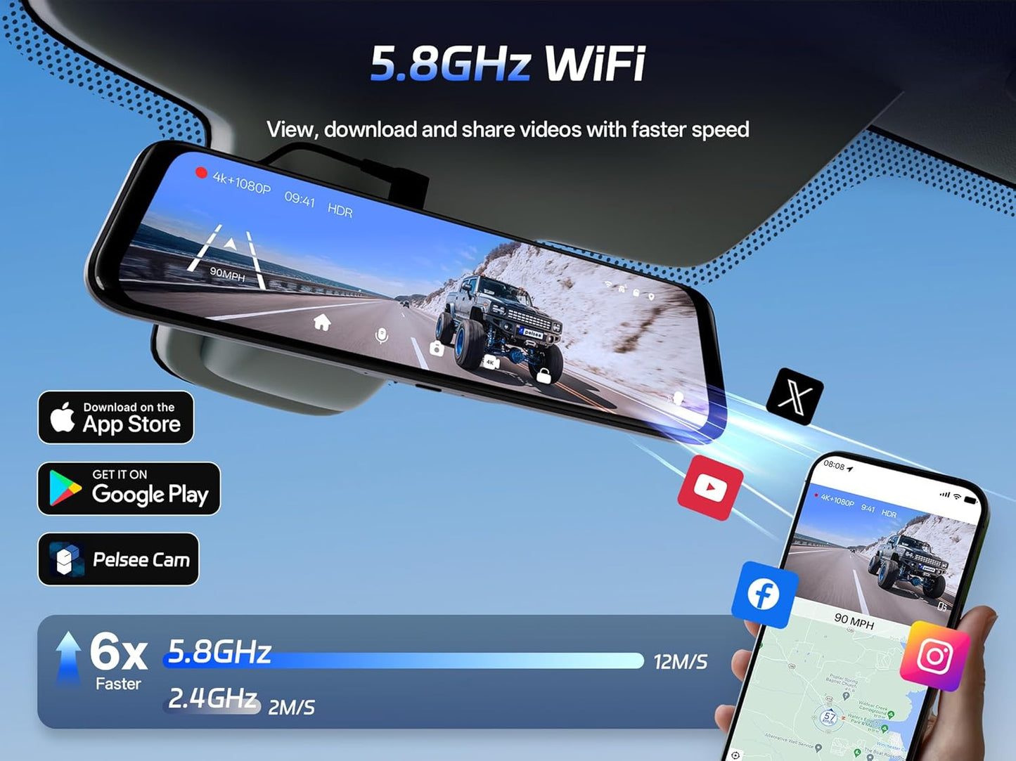 Pelsee S12 Pro 4K Mirror Dash Cam with STARVIS 2 Sensor, 5.8GHz WiFi Rear View Mirror Camera Front and Rear Dash Camera, ADAS & BSD, 1080P Backup Camera with WDR, Voice Control, 64G Meomory Card