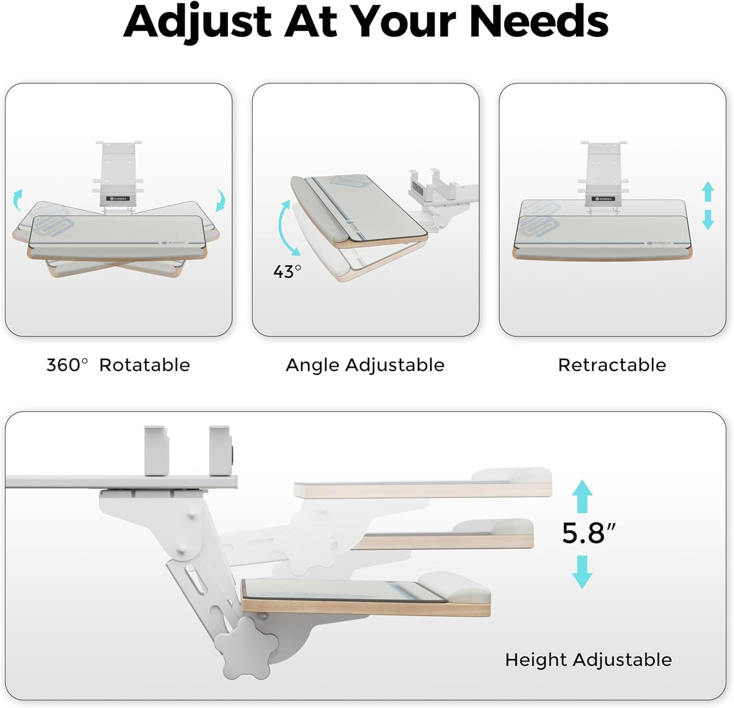 EUREKA ERGONOMIC Keyboard Tray Height Adjustable, Swivel Tilt Computer Keyboard Drawer Under Desk, 25x9.13'' Sliding Keyboard & Mouse Platform with Mouse Pad for Typing, Maple