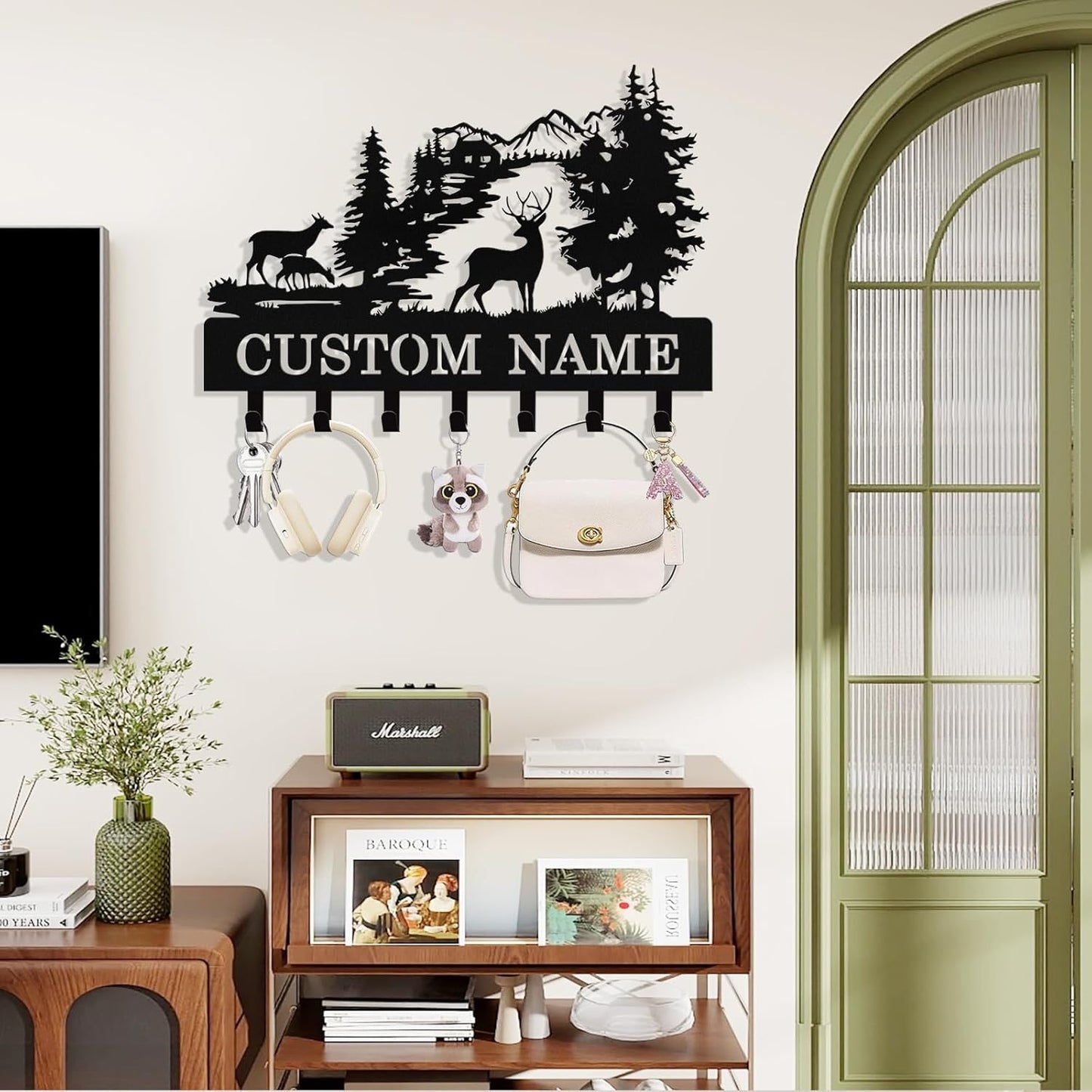 Personalized Deer Key Holder Wall Mount, Custom Metal Key Rack Key Holder with Name, Deer Cabin Wall Keys Hanger with Hooks for Entryway, Front Door, Hallway, Kitchen, Living Room