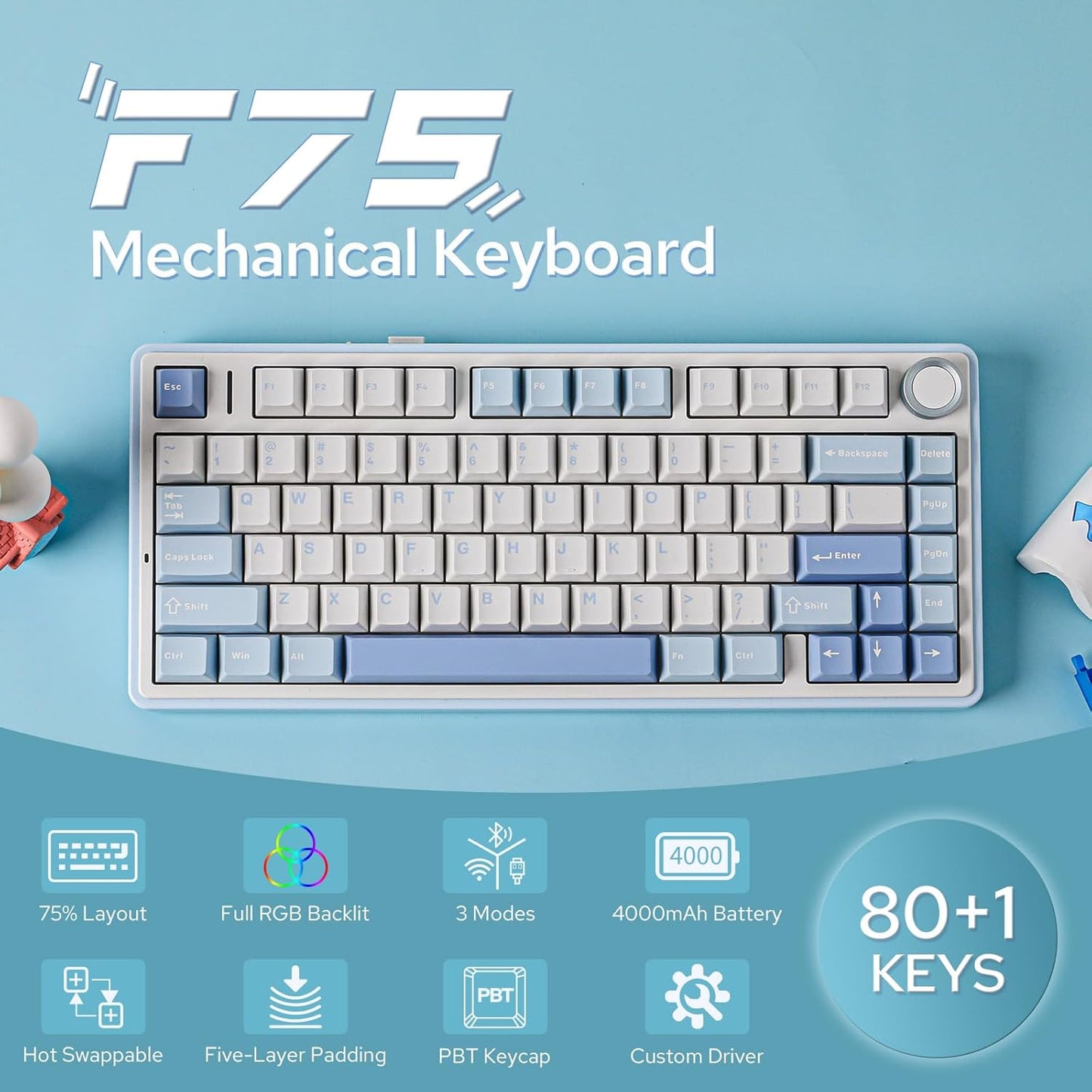EPOMAKER x Aula F75 Gasket Mechanical Keyboard, 75% Wireless Hot Swappable Gaming Keyboard with Five-Layer Padding&Knob, Bluetooth/2.4GHz/USB-C, RGB (Sea Salt Blue, LEOBOG Reaper Switch)