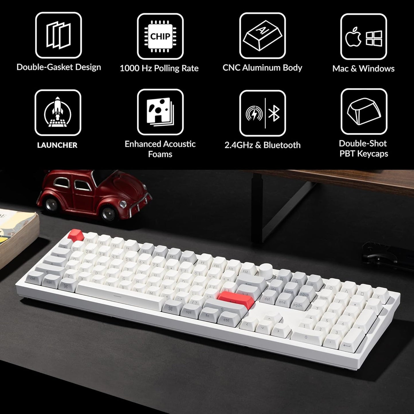 Keychron Q6 Max QMK/LAUNCHER Wireless Bluetooth/2.4 GHz/USB-C Wired Custom Mechanical Keyboard, Full Size Programmable Knob RGB Backlit Hot-Swappable Gateron Brown Switch for Mac Windows Linux - White