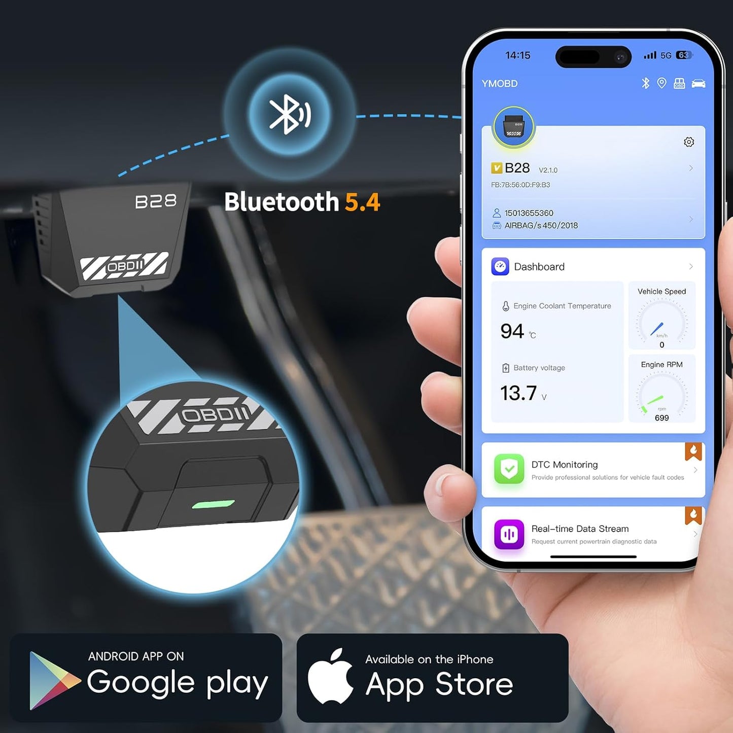 OBD2 Scanner for Car - Bluetooth 5.4 Codes can be Read and Cleared Quickly - Diagnosis of The vehicle's Engine, ABS, SRS, airbags and More Than 35,000 Problems Compatible with iOS and Android