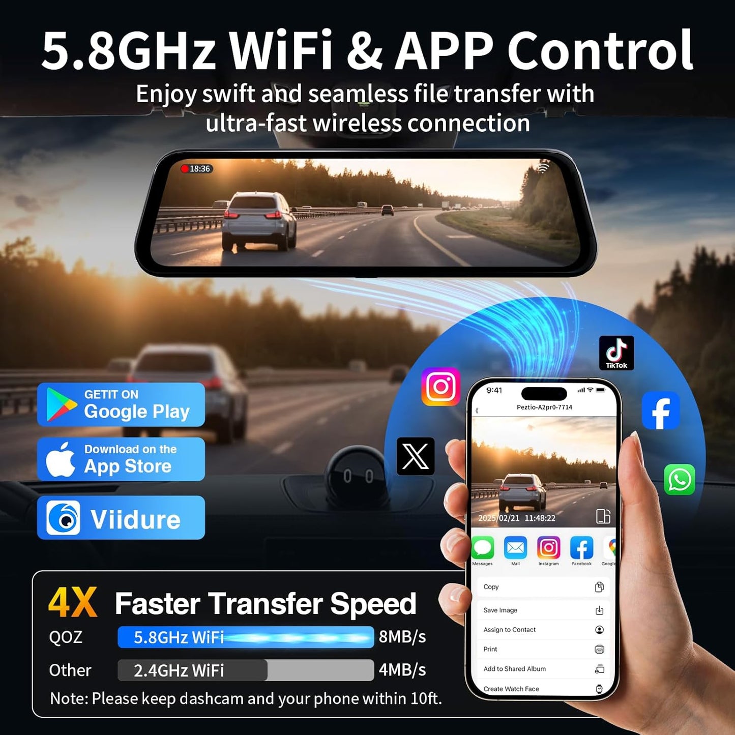 Mirror Dual Dash Camera with Voice Control,4K+2.5K 10" Rear View Mirror Camera with 5.8GHz WiFi and APP Control, WDR Night Vision, Loop Recording, G-Sensor, Parking Monitor 64GB Card Included