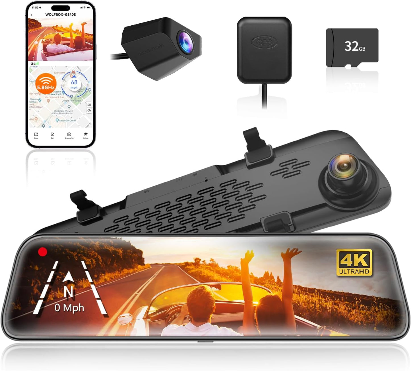 WOLFBOX G840S 12" 4K Mirror Dash Cam Backup Camera, 5.8GHz WiFi Smart Rearview Mirror for Cars & Trucks, Front and Rear View Dual Cameras, Night Vision, Parking Assistance, Included 32GB Card & GPS