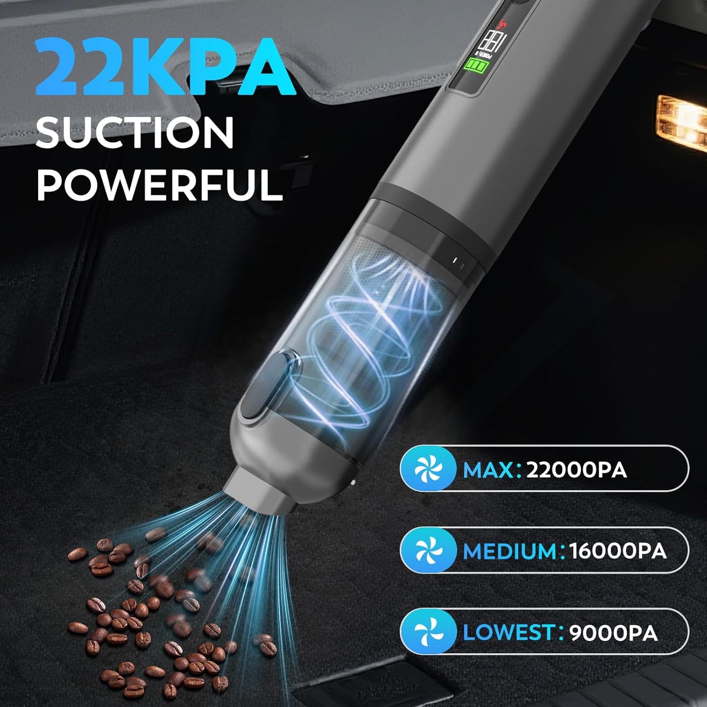 Cordless Car Vacuum Cleaner, 22000PA High Power Portable Handheld Car Vacuum & Air Duster, Mini Vacuum with LED Display, for Home, Office, Camping