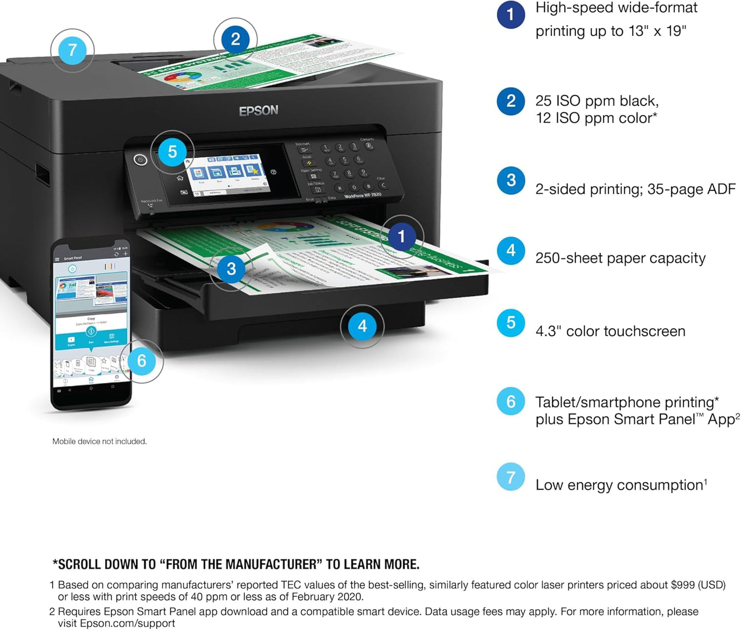 Epson Workforce Pro WF-7820 Wireless All-in-One Wide-Format Printer with Auto 2-Sided Print 13" x 19", Copy, Scan & Fax, 50-Page ADF, 250-sheet Paper Capacity, Works with Alexa, Large Black