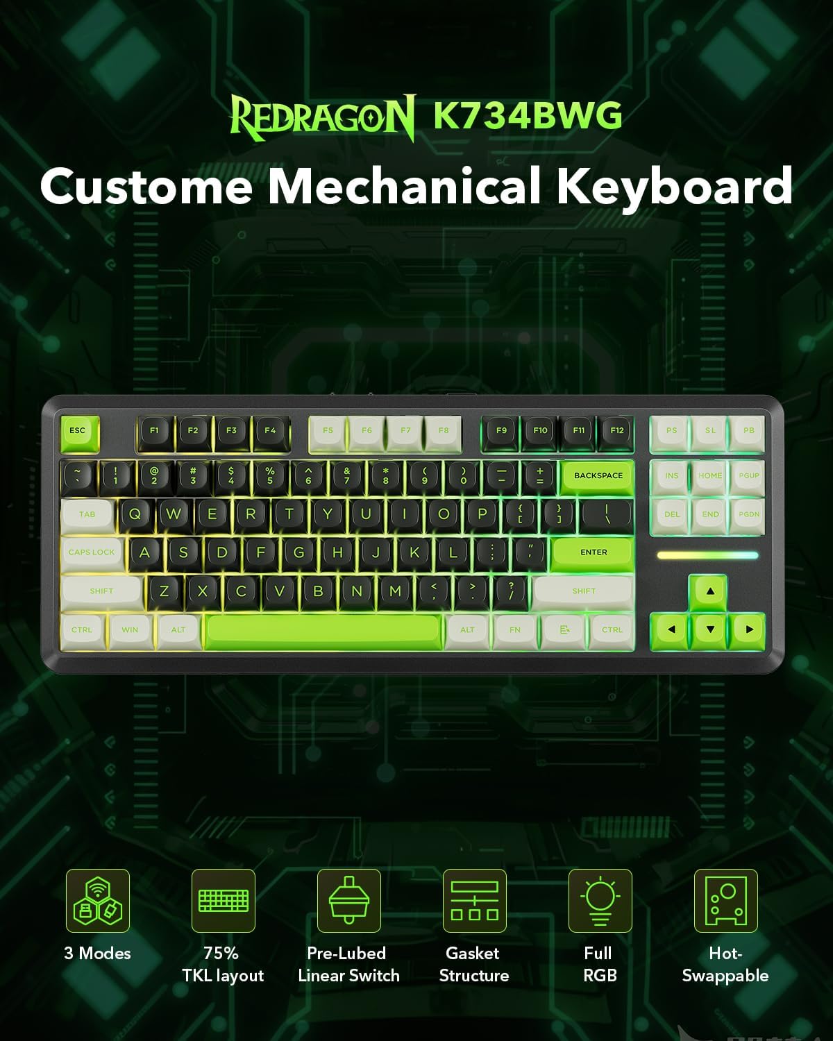 Redragon K734B Wireless Mechanical Keyboard,3-Modes Bluetooth Gasket Hot Swappable TKL RGB Custom Keyboard,Pre-lubed Switches, 81 Keys PBT Keycaps, South-Facing LEDs Socket