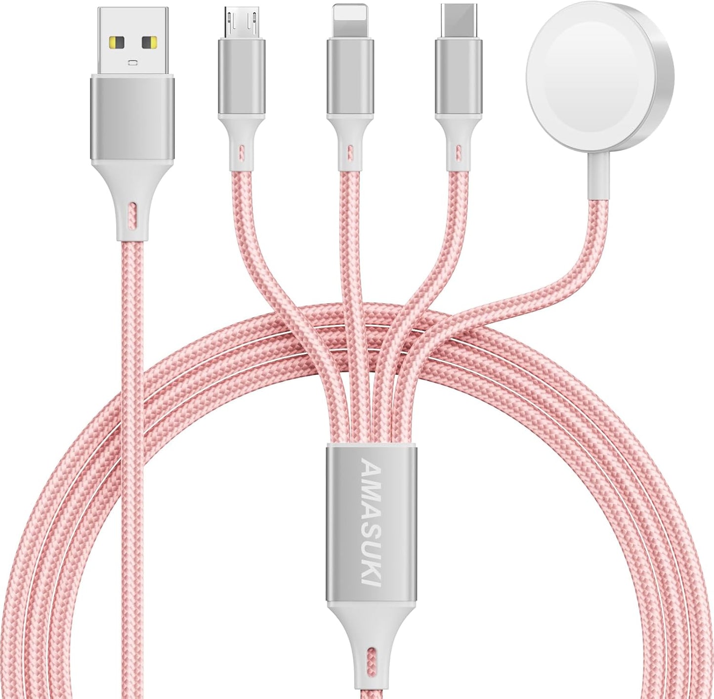 Travel Essentials Multi Charging Cable for Watch Charger 4 in 1 Fast Charger Camping Essentials USB C/L/Micro Compatible with Watch Series 10-1/SE/Ultra Phone 16 15/Galaxy Android-4FT/Pink