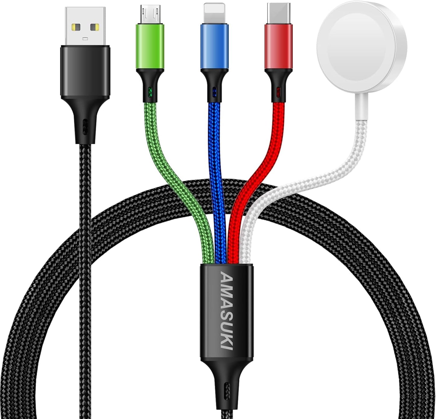 Upgraded Travel Essentials for Apple Watch Charger 4 in 1 Multi Charging Cable iWatch Charger Camping Essentials USB C/L/Micro Compatible with iWatch Series 10-1/SE/iPhone 16 15/Galaxy Android-4FT