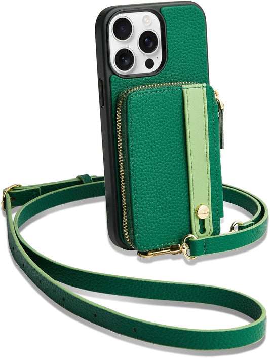 LAMEEKU for iPhone 15 Pro Max Wallet Case, Zipper Leather Card Slots Crossbody Case with Phone Grip Holder Stand Wrist Strap Lanyard for Women for iPhone 15 Pro Max 6.7 inch Dark Green