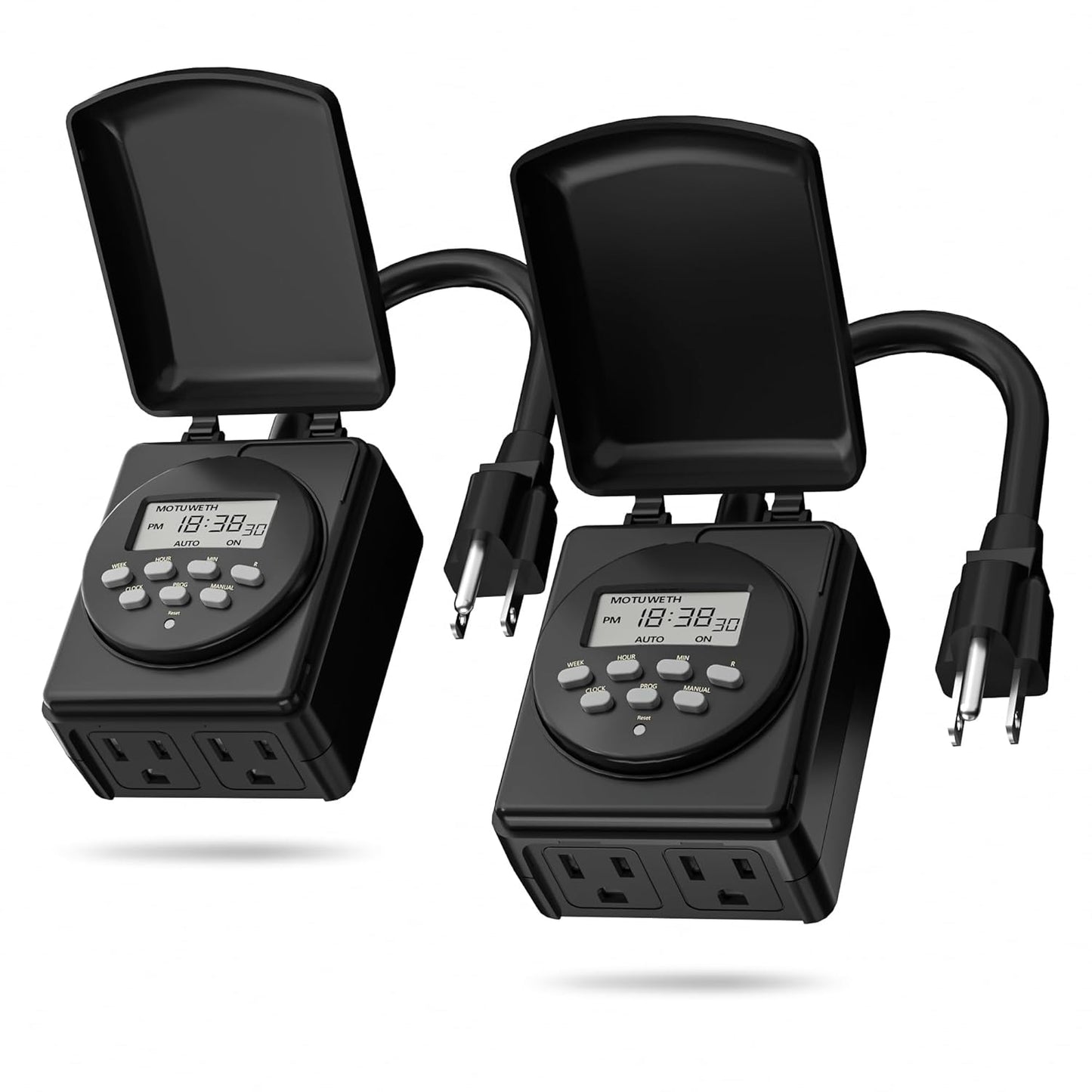 BN-LINK 7 Day Outdoor Heavy Duty Digital Programmable Timer, Outdoor Timer Outlet Waterproof, 2 Grounded Electrical Outlets for Christmas Lights, ETL Listed（2 Pack）