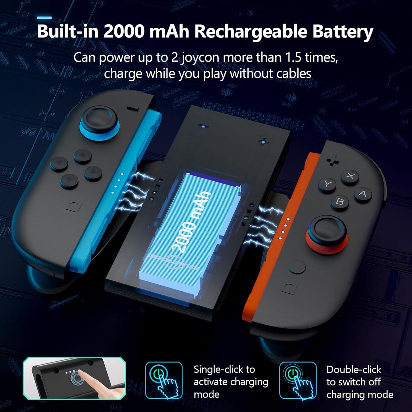 Switch 2 Joycon Charging Grip with Built-in 2000 mAH Battery, Super Magnetic Charger Handle for Nintendo Switch 2 Joycons, Ergonomic Controller Grips for Playing While Charging, Switch 2 Accessories Black (Built-in Battery Black)