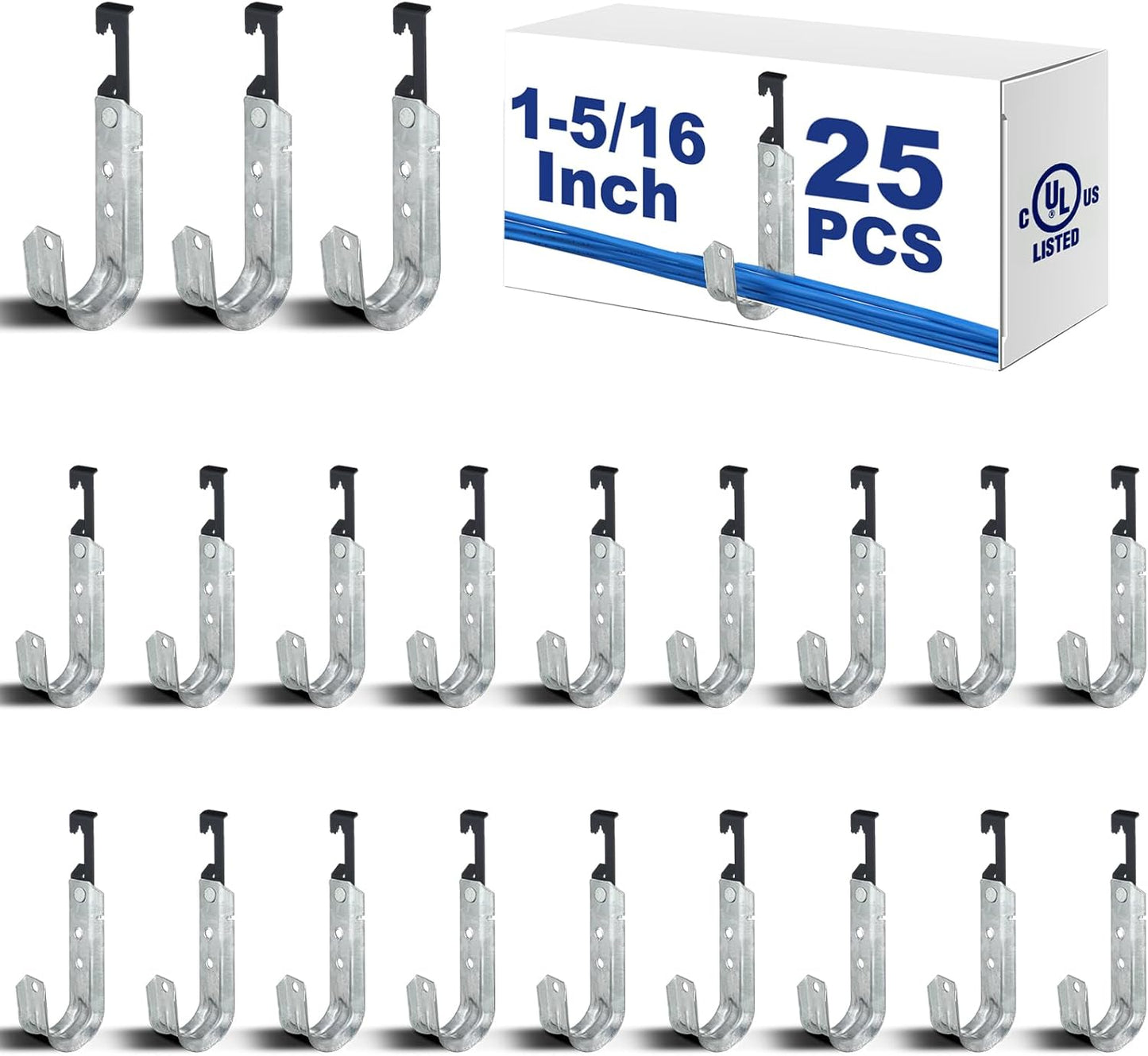 Zonon 25 Pcs J Hooks for Hanging Metal J Hook Hangers Cable Support with Bat Wing Heavy Duty G60 Galvanized Steel Cable Hooks for Attaching Ceiling Wire Threaded Rod, Ul Certification(1-5/16 Inch)