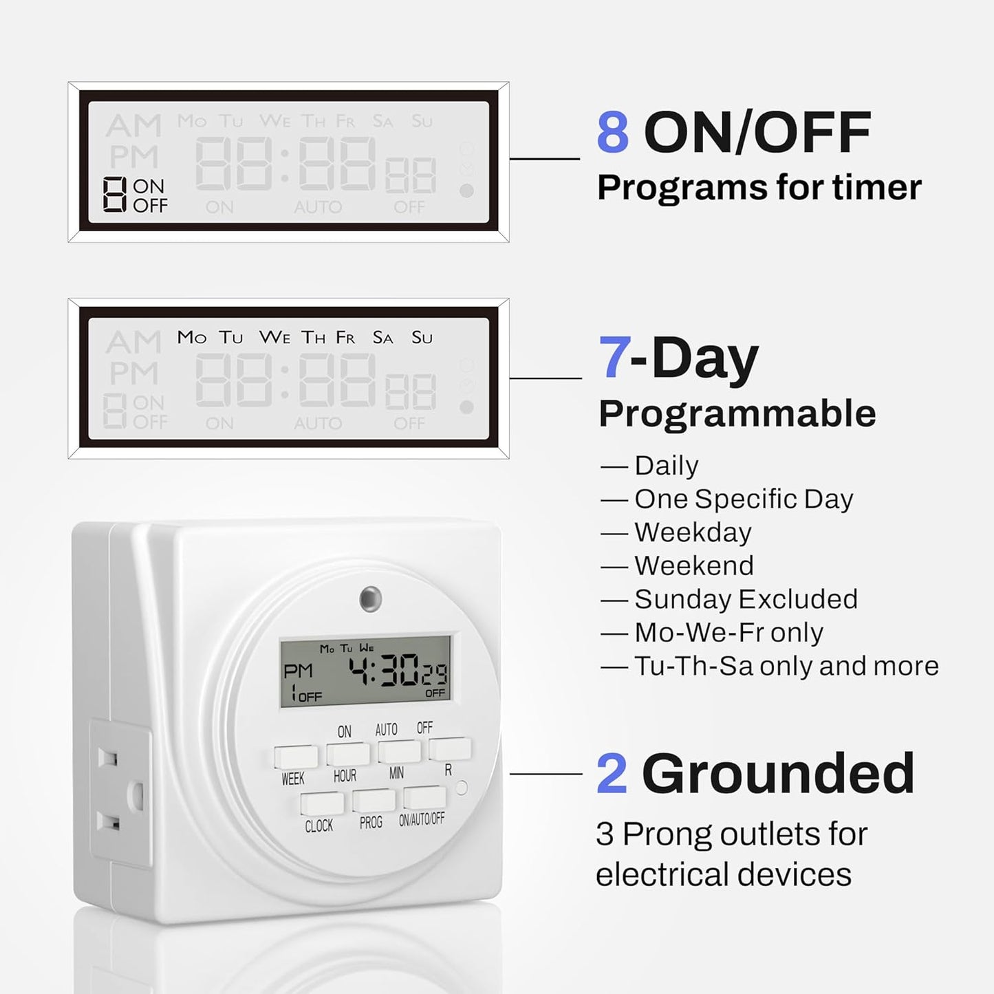 BN-LINK 7-Day Heavy Duty Digital Programmable Timer, 120V, 60Hz, Dual Outlet forLight, ETL Listed (2-Pack)