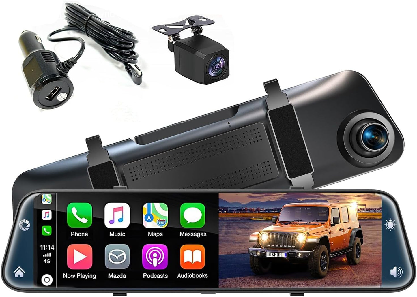 12'' Rearview Mirror Camera with CarPlay&Andorid Auto,4K Mirror Dash Cam Front and Rear Backup Camera with Reverse Assist/Loop Record/G Sensor/Voice Control&Split Touch Screen,64GB Card Included
