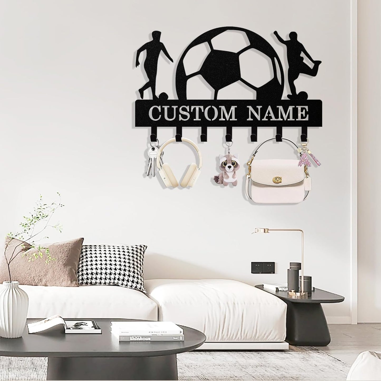 Personalized Football Key Holder Wall Mount, Custom Metal Key Rack Key Holder with Name, Deer Cabin Wall Keys Hanger with Hooks for Entryway, Front Door, Hallway, Kitchen, Living Room