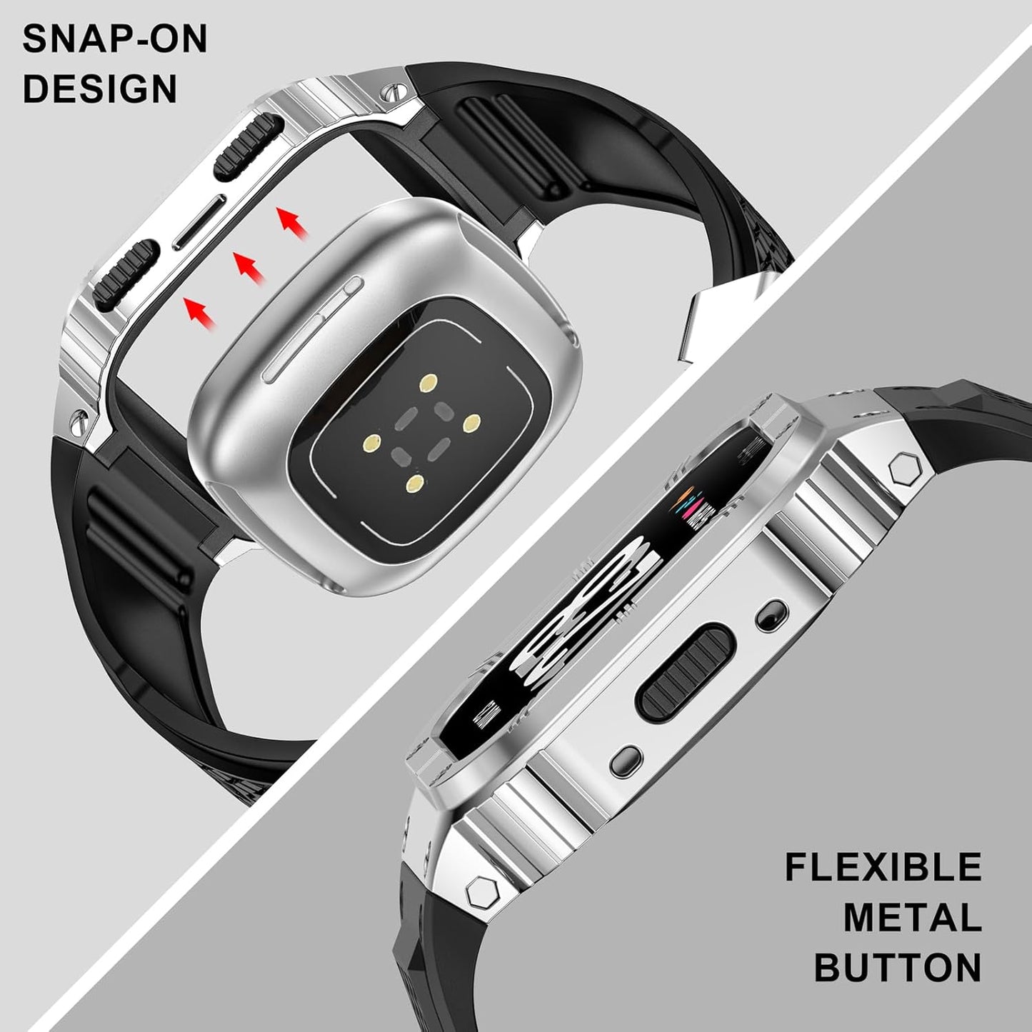 MioHHR Stainless Steel Case and Band Compatible with Fitbit Versa 4/3/2/Lite/Sense/Sense 2 Bands with Metal Case, Rugged Sports Protector Cover Silicone Wristbands for Men, Silver