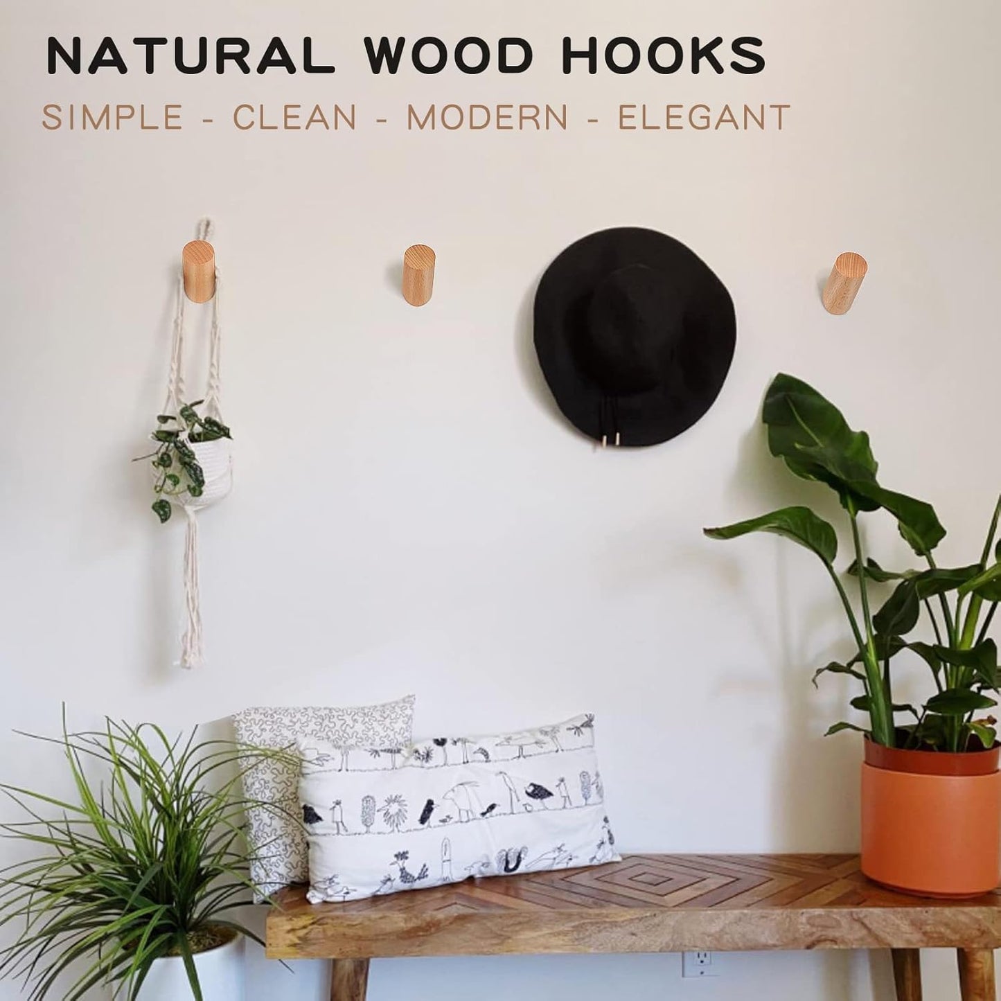 Wood Hooks, 3 Pack Wall Hooks Heavy Duty Rustic Coat Hooks Wall Mounted, Decorative Hooks for Hanging Coats Hats Towels Robes Hat Rack for Wall (Beech Wood)