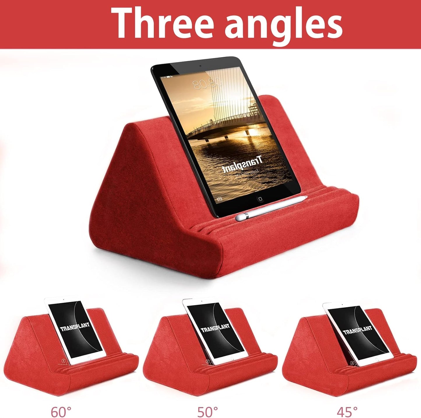 Soft Tablet Stand Pillow with Pocket,Adjustable 3 Viewing Angle,Lazy Holder for Bed Sofa,Compatible with iPads Tablets eReaders Smartphones Books Magazines (Wine Red)