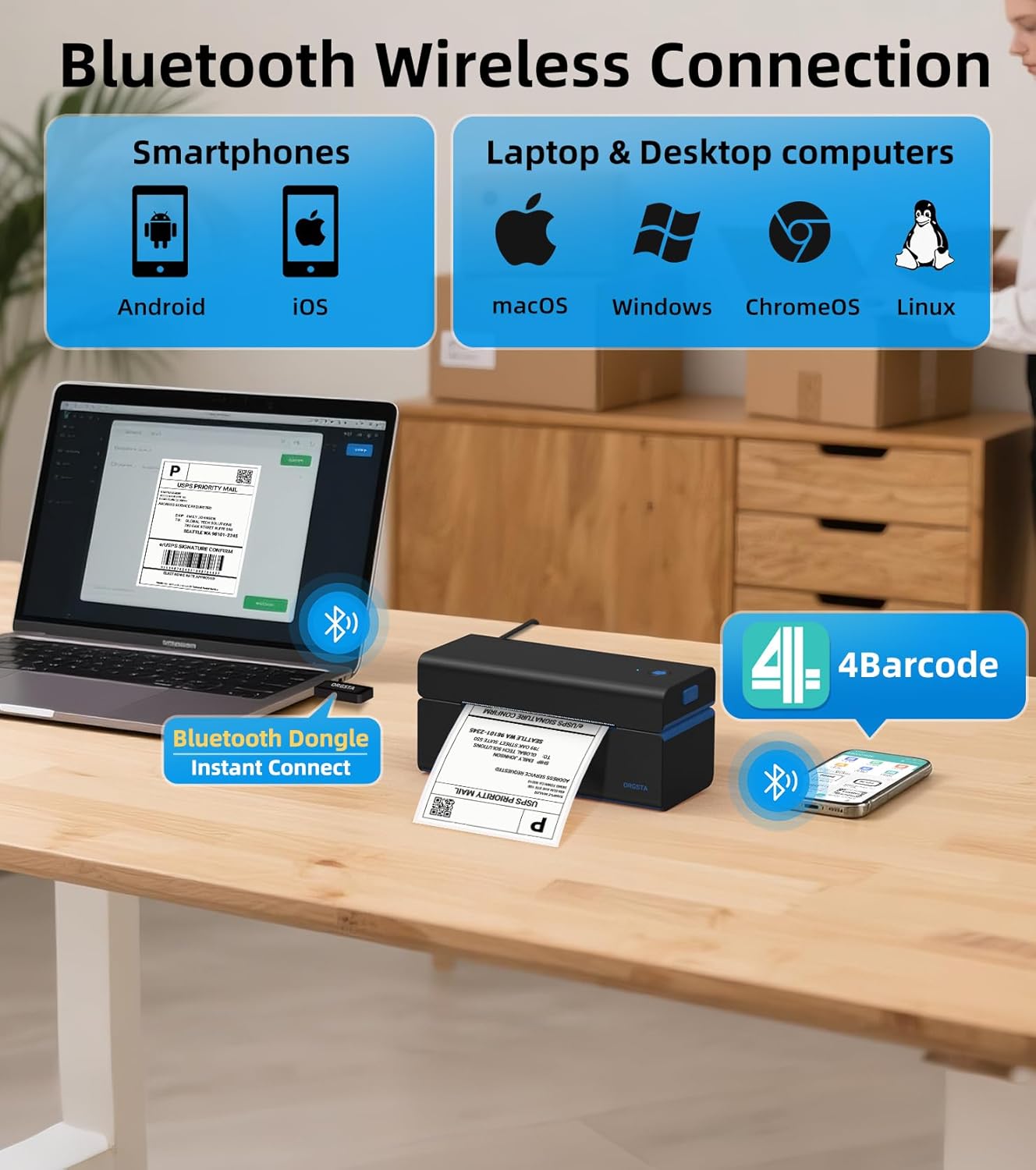 ORGSTA Bluetooth Thermal Shipping Label Printer T001-Plus Wireless 4x6 Shipping Label Printer for Small Business Support Android iPhone & Windows Widely Used for Amazon, Ebay, Shopify, Etsy, USPS