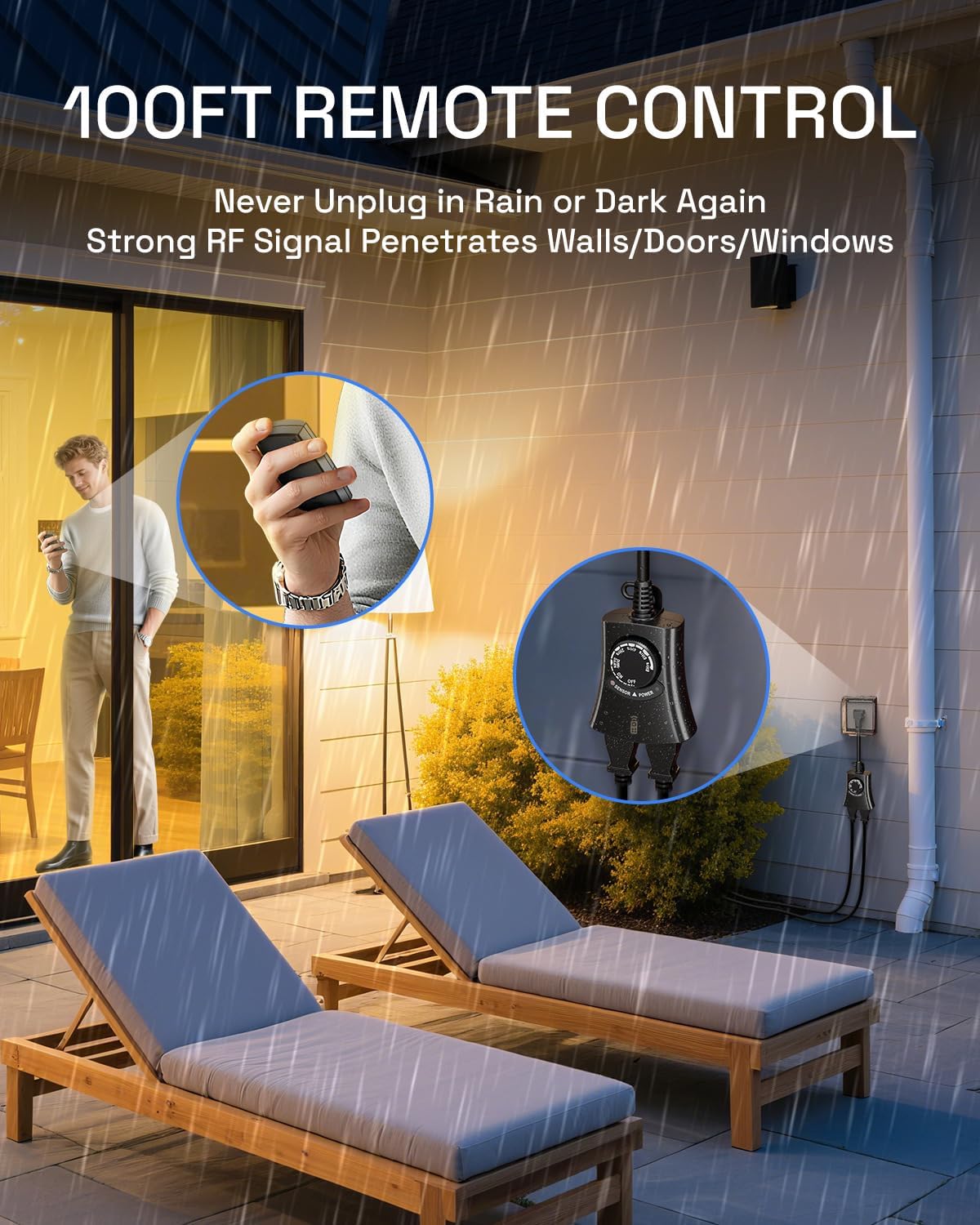 HBN Outdoor Light Timer with Remote Control, Waterproof Light Sensor Timer, 100 ft Wireless Range, 2 Grounded Outlets for Christmas Lights, 15A 1/2HP Heavy Duty