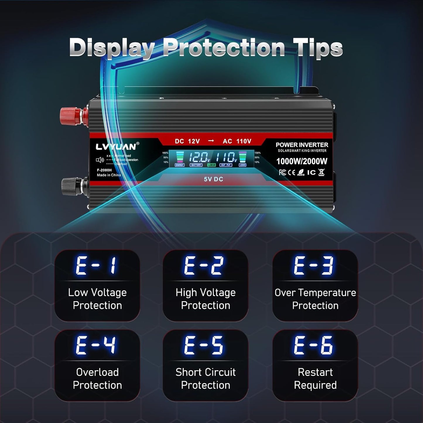 LVYUAN 1000W Car Power Inverter 12V to 110V DC to AC with 2 US Sockets, Cigarette Lighter, LCD Display, USB Ports for Car, Home,Outdoor, Camping