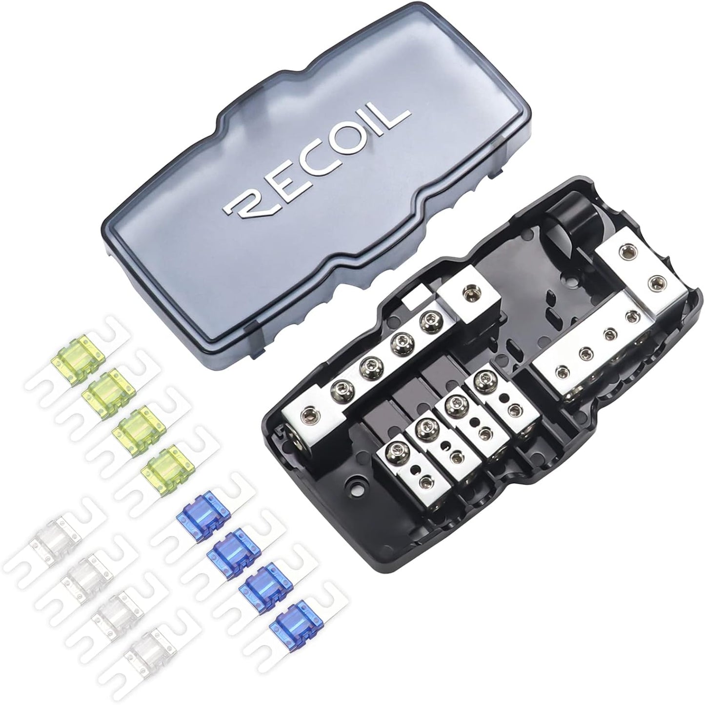 RECOIL MPG4 4-Way Mini-ANL Fused Distribution Block with Ground Block, Each Positive and Negative Block with 2X 0/2/4 Gauge Inputs & 4X 4/8 Gauge Outputs, Fused Distribution Block with 12pcs Fuses