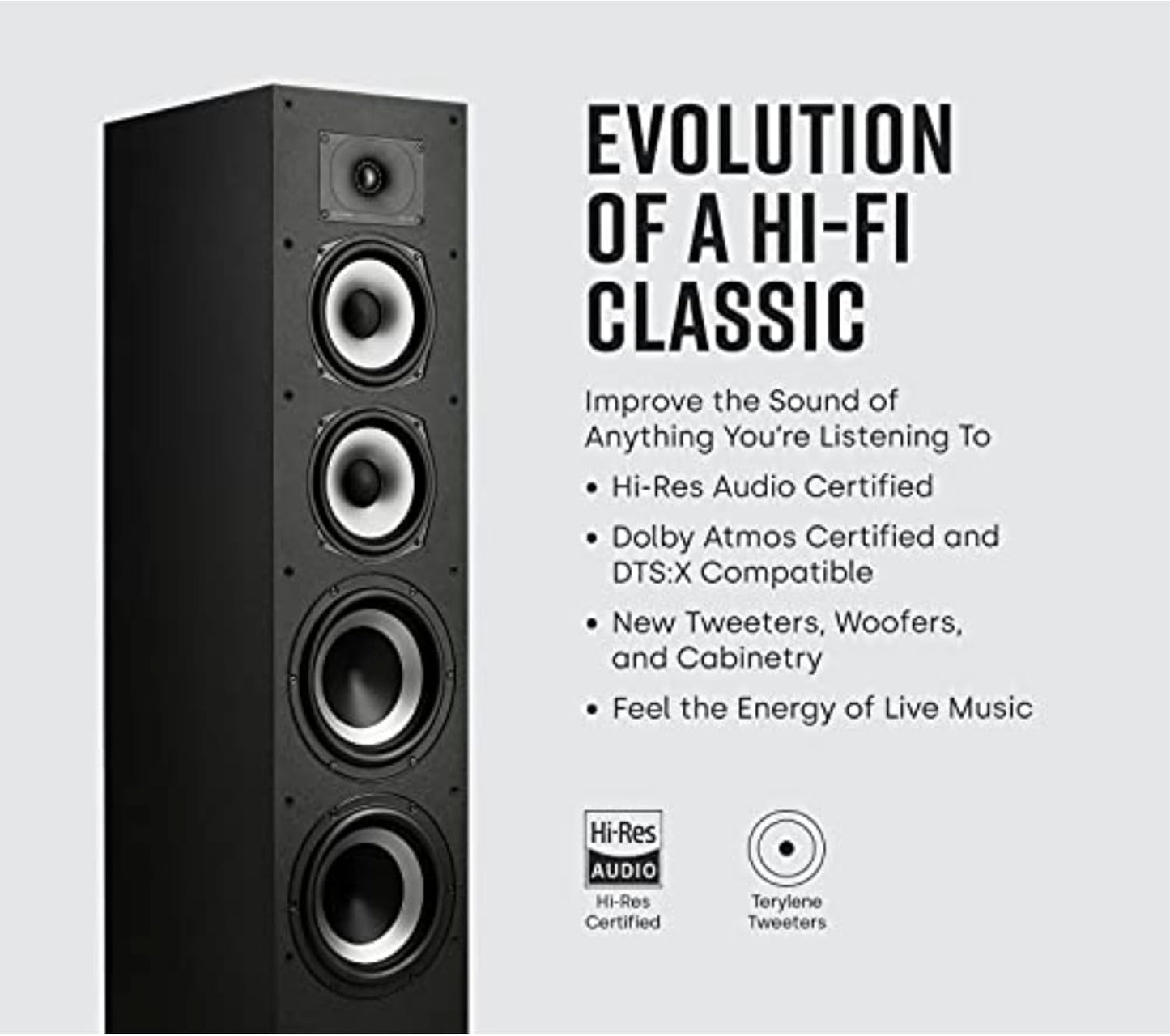 Polk Monitor XT70 Large Tower Speaker - Hi-Res Audio Certified, Dolby Atmos & DTS:X Compatible, 1" Tweeter, (2) 6.5" Dynamically Balanced Woofers, (2) 8" Passive Radiators (Single, Midnight Black)