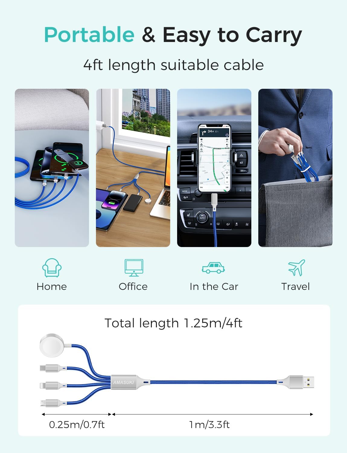 2Pack Travel Essentials Multi Charging Cable for Watch Charger 4 in 1 Fast Charger Camping Essentials USB C/L/Micro Compatible with Watch Series 10-1/SE/Ultra Phone 16 15/Galaxy Android-4FT/Blue