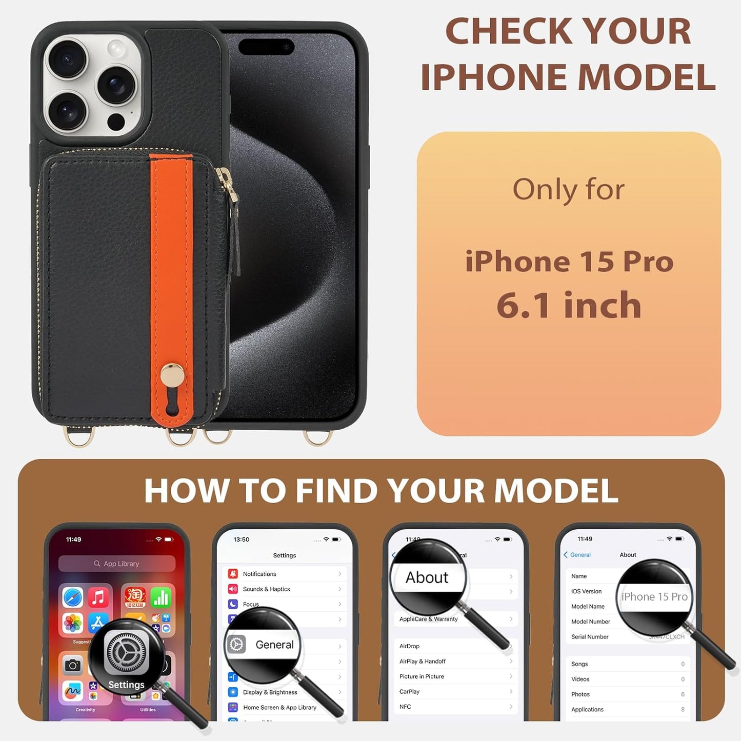 LAMEEKU for iPhone 15 Pro Wallet Case with Card Holder, Zipper Leather Crossbody Case with Kickstand Wrist Strap Lanyard for Women, Protective Cover with Phone Grip Holder Stand 5G 6.1 inch Black