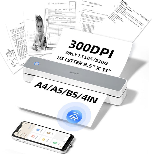 iDPRT Portable-Printer Wireless for Travel, 300DPI Inkless Thermal Small Printers for Home Use, Office, Vehicles, Mobile Bluetooth Printer Supports 8.5" x 11" US Letter, for Smartphone & PC,White