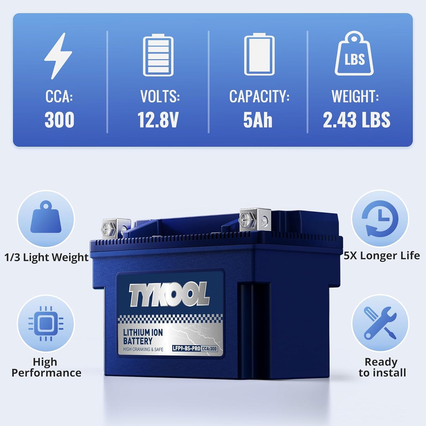 TYKOOL YTX9-BS-PRO,3X Cranking Amps,5X Life, Lithium LiFePO4 Motorcycle Battery,300 CCA,Powersports Battery,Fits for ATV,UTV,Scooter,Riding Lawn Mower,Honda eu3000is,400ex,Predator Generator