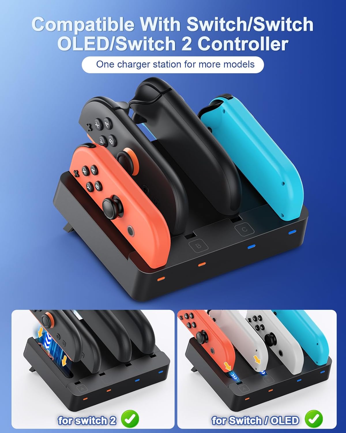Controller Charger for Nintendo Switch 2 2025 and Switch 1, Horizontal Charging Dock Station for Joy con and for Joycon 2 Accessories with Foldable Storage Stand