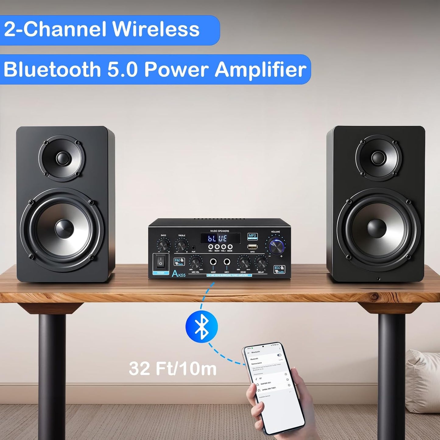 AK55 Stereo Amplifier Home Audio, Bluetooth 5.0 Max 450W Power Stereo Receivers 2.0 Channel Audio Amplifier for Speaker W/Remote Control/AUX/RCA/Echo/USB/2 MIC in for Home Party, Karaoke