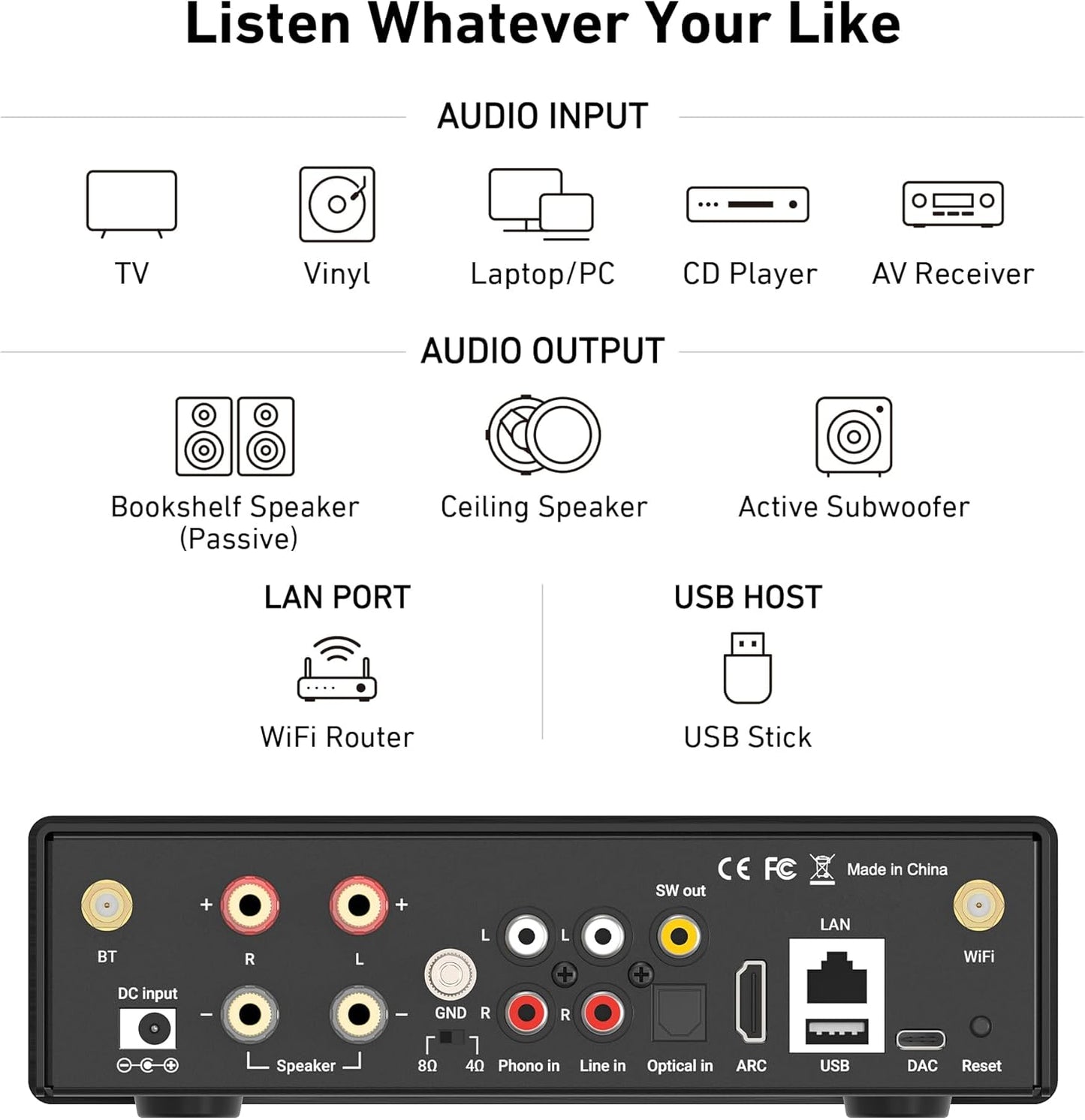 Arylic H50 Hi-Fi 50W*2 WiFi Audio Amplifier with Bluetooth aptX HD, HDMI ARC, AirPlay 2 and Spotify Streaming for Wireless Home Music. Support for transmitting and Receiving Music