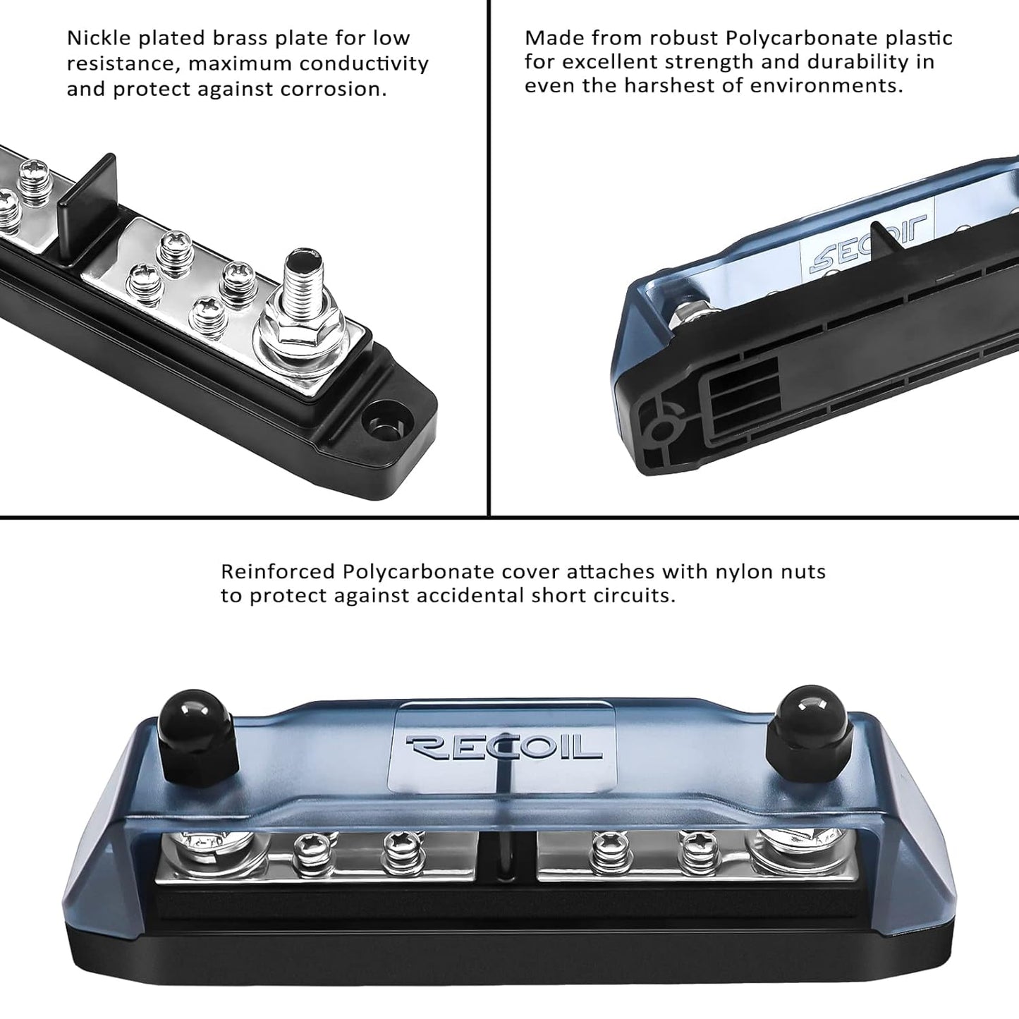 RECOIL BBPG5 Busbar Positive and Negative 2 x 5/16” Studs and 8 x #8 Screw Terminals Power Distribution Block with Ring Terminals