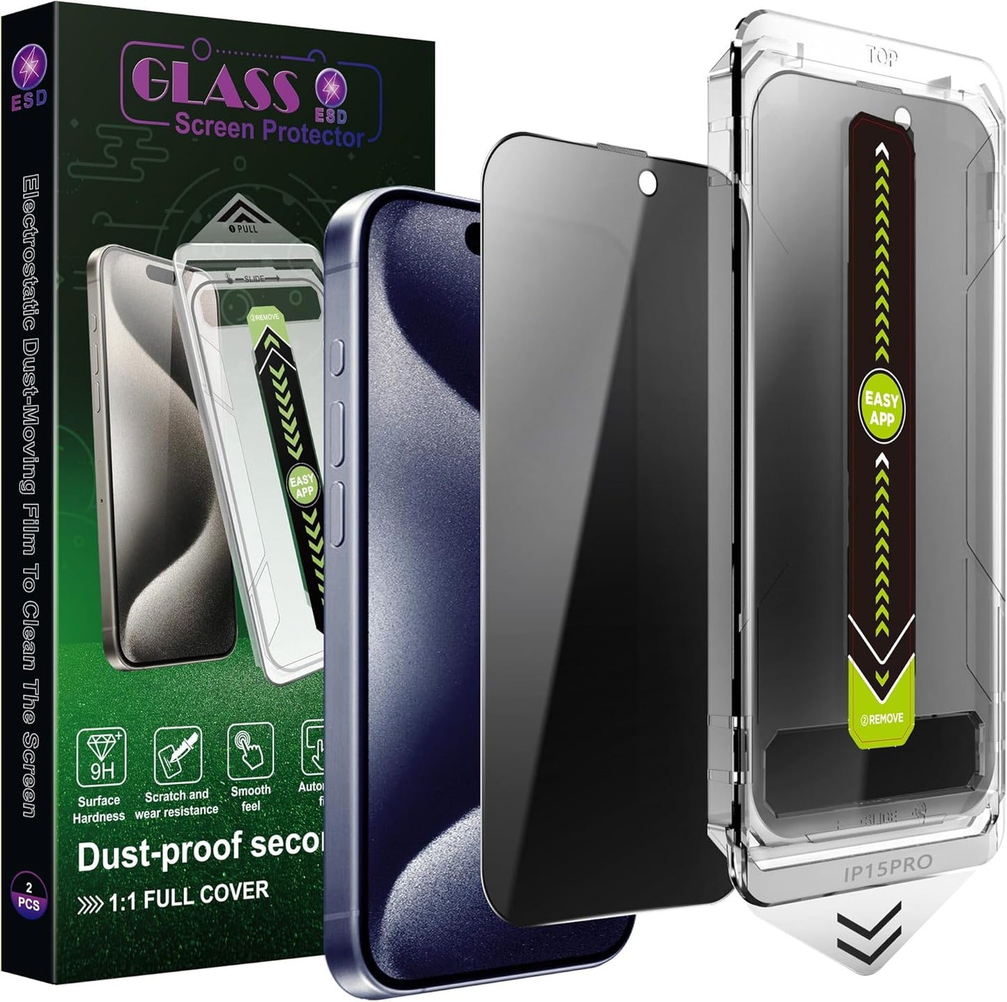 (2-Pack Anti-Spy Privacy Screen Protector for iPhone 15 Pro (6.1-Inch),9H Tempered Glass,Full Coverage,Anti-Fingerprint,Auto Dust Removal,Bubble-Free,Easy Installation