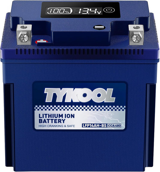 TYKOOL YTX14AH-BS High Performance LiFePO4 Lithium ATV Battery,12V 8Ah,480CCA,5X Longer Life,Digital Readout,Fits for Polaris Sportsman 500 ATV,UTV,Motorcycle, Snow mobile,Polarity:[+ -]