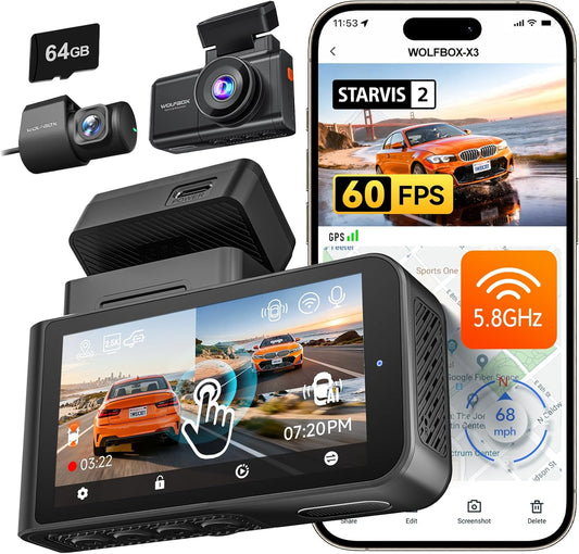 WOLFBOX X3 2.5K 1440P 60FPS Dash Camera, STARVIS 2 IMX675 with ADAS, 1440P+1080P Dual Dashcam Front and Rear Camera with Built-in 5.8GHz WiFi & GPS, 64GB Card, Touch Screen, G-Sensor, Loop Recording