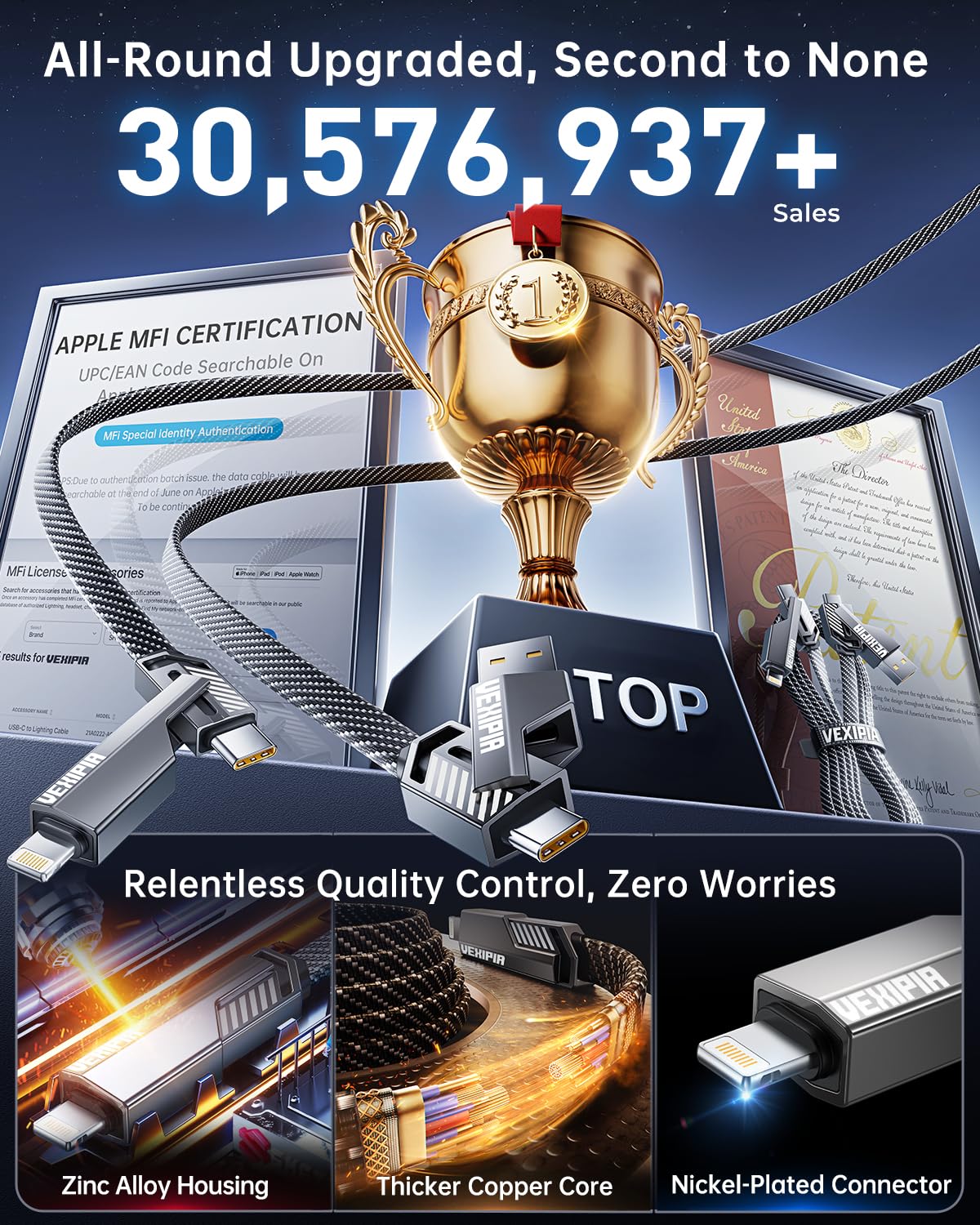 [Upgraded] 4-in-1 USB C Cable 45W 5FT Lightning Cable Fast Charging Flat Nylon Braided for iPhone iPad Charger Cord [480Mbps Data Sync] Multi Charge Combo with Lightning/Type C/USB A Port