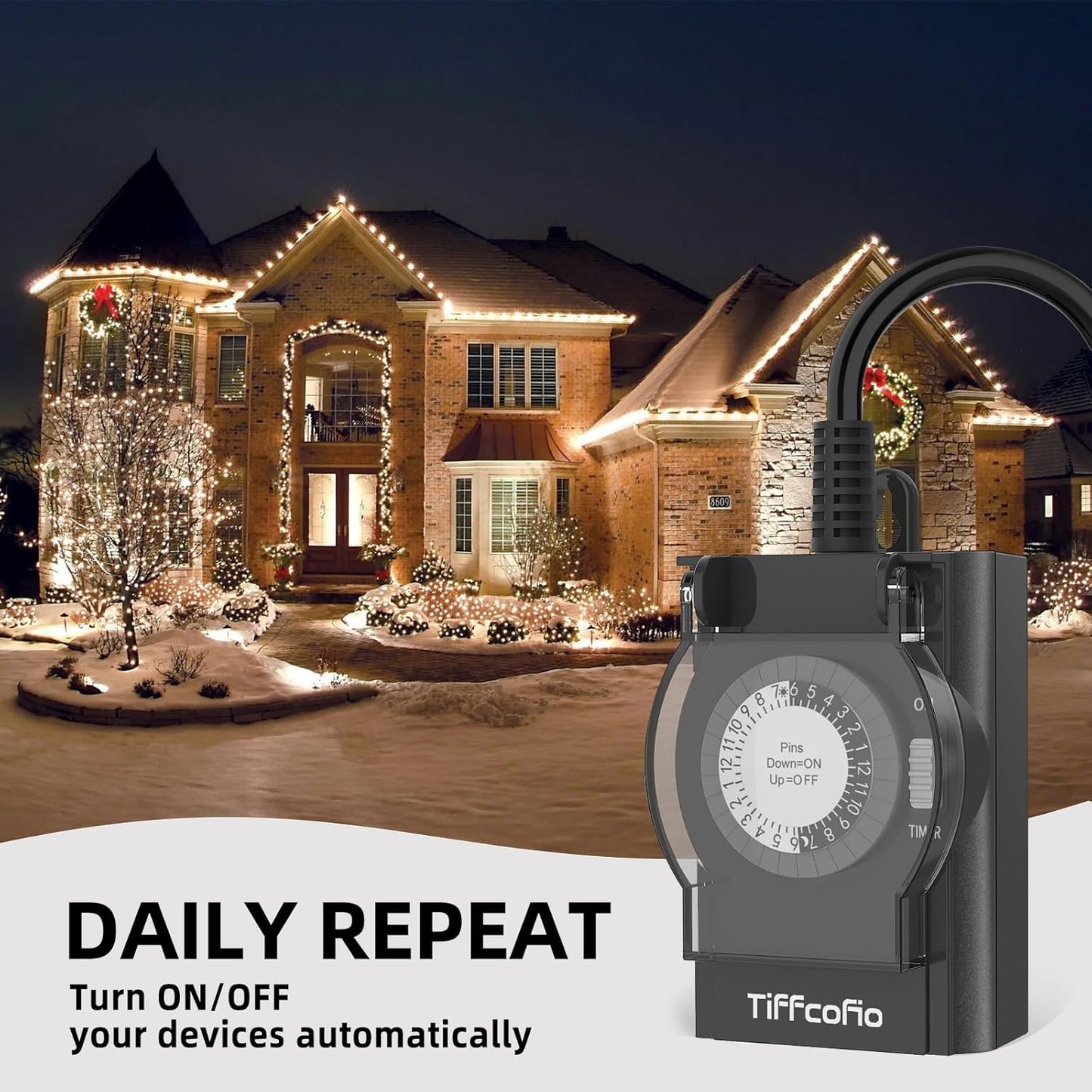 Outdoor Timer Outlet Waterproof, 24 Hour Mechanical Light Timer Outdoor, 2 Grounded Outlets for Home and Garden, 15A 1/2HP, Heavy Duty, ETL Listed (1 Pack)