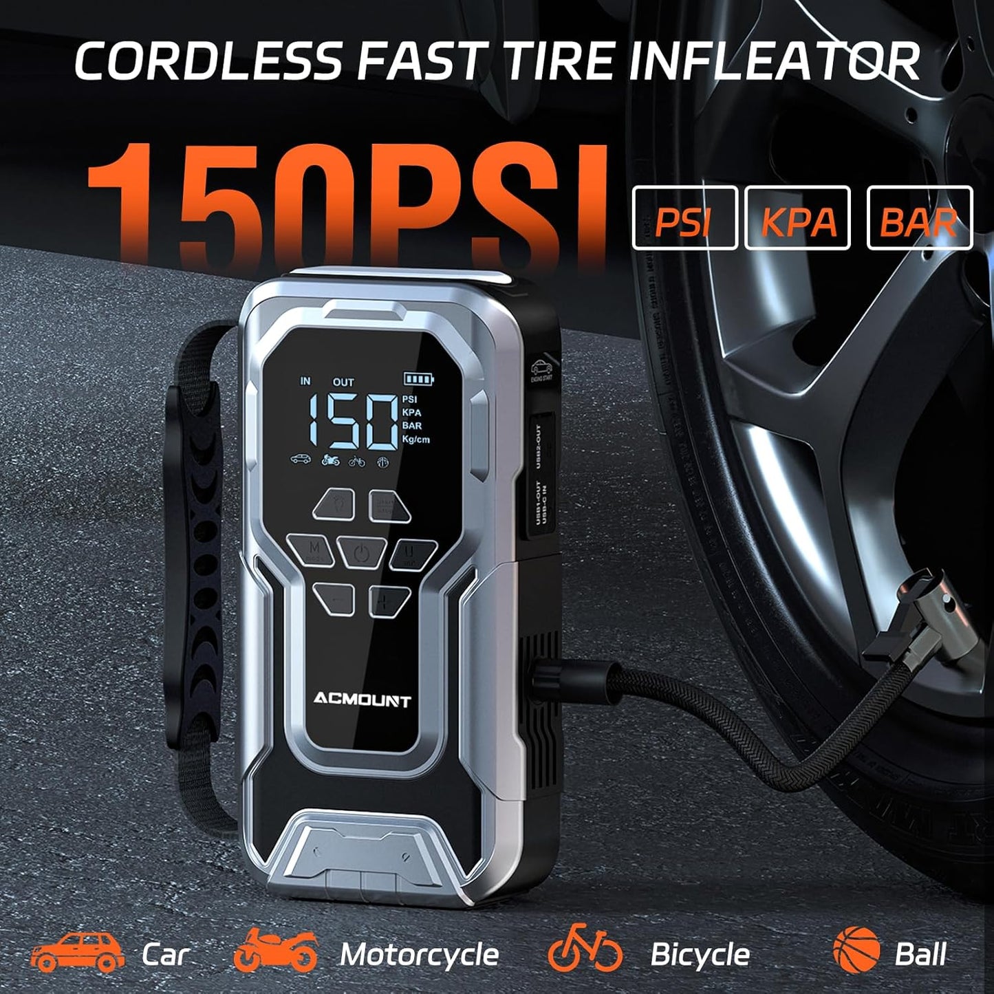 Jump Starter with Air Compressor, 6000A Car Battery Jump Starter (All Gas/10.0L Diesel), 150PSI Tire Inflator, 12V Jumper Pack with LCD Display & LED Light, Portable Air Pump, 21800mAh Battery