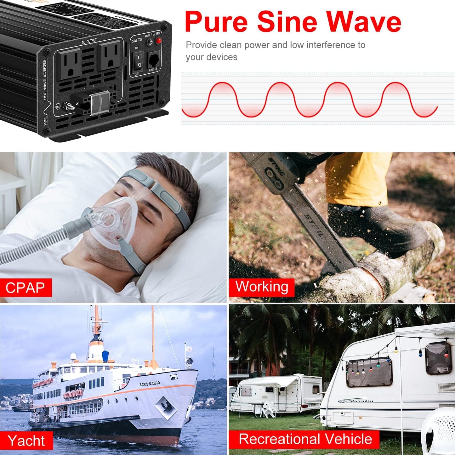 Xijia 2000w(Peak Power 4000W) dc 48v to ac 120v Inverter Pure sine Wave 60HZ Converter with Bluetooth Remote Control LCD Screen 2 AC outlets for Camping, Boat,Outdoor (DC48V (Range 40V-60V) 2000W)