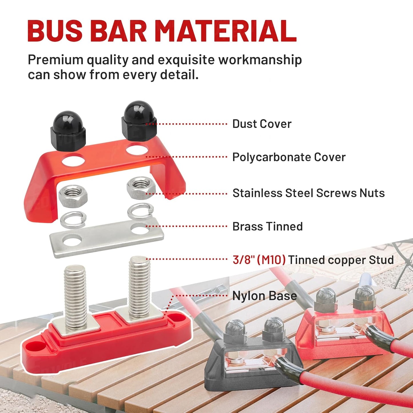 RED WOLF 2PCs 3/8" M10 Small Dual Stud Bus Bar 12-48 V Power Distribution Block Holder 150A DC MAX, Battery Terminal Junction Dual Power Stud Busbar for Car Marine Boat Red & Black Set w/Screws