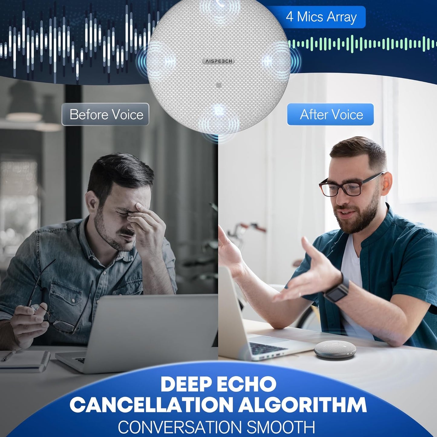 Bluetooth Conference Speakerphone M4 Conference Microphone with AI Noise Reduction AI Transcription Full-Duplex 360° Omnidirectional Voice Pickup USB Speaker for Teams Zoom Home Office, Gray