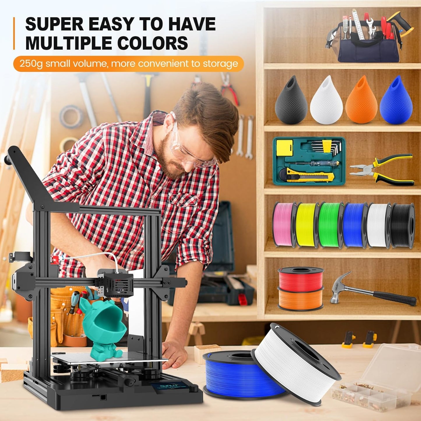 SUNLU 3D Printer Filament Bundle Multicolor PETG Filament 1.75mm, Individually Vacuum-Sealed, 2kg in Total, 0.25kg per Spool, 8 Pack, 8 Colors, Black+White+Red+Yellow+Pink+Blue+Orange+Green